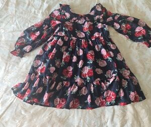 Janie and Jack Navy Floral Long-Sleeve Dress with Pink & Red Roses
